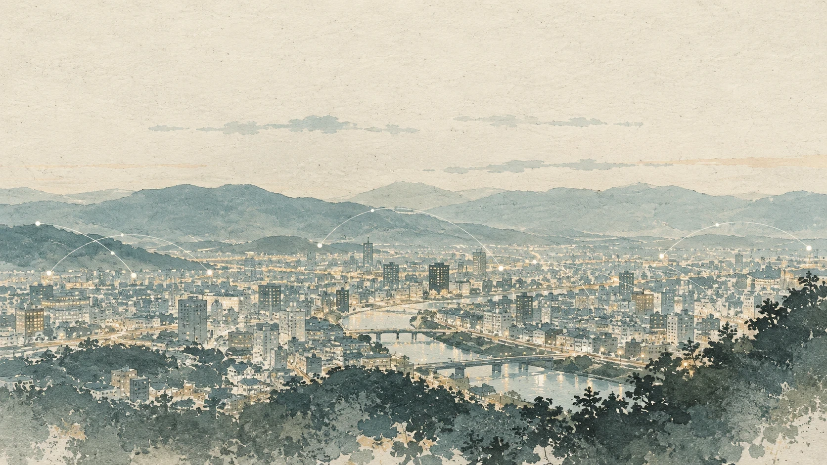山々に囲まれ、川と橋が街をつなぐ福井の風景を描いたイラスト