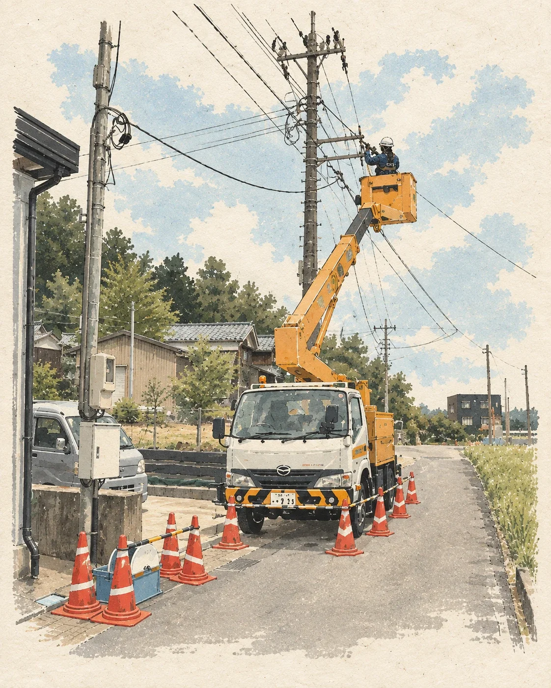 高所作業車で電柱の設備工事を行うスタッフを描いたイラスト